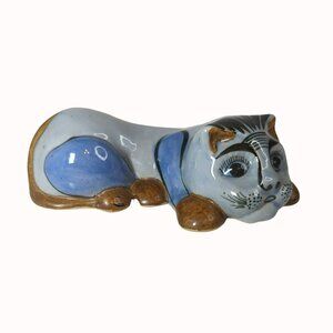 Vintage Mexican Folk Art Stoneware Ceramic Cat Figurine Hand-Painted Blue Brown